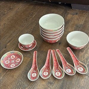 VTG 14 Porcelain Chinese Jingdezhen Mun Shou Famille Rose Longevity Dishes Bowls